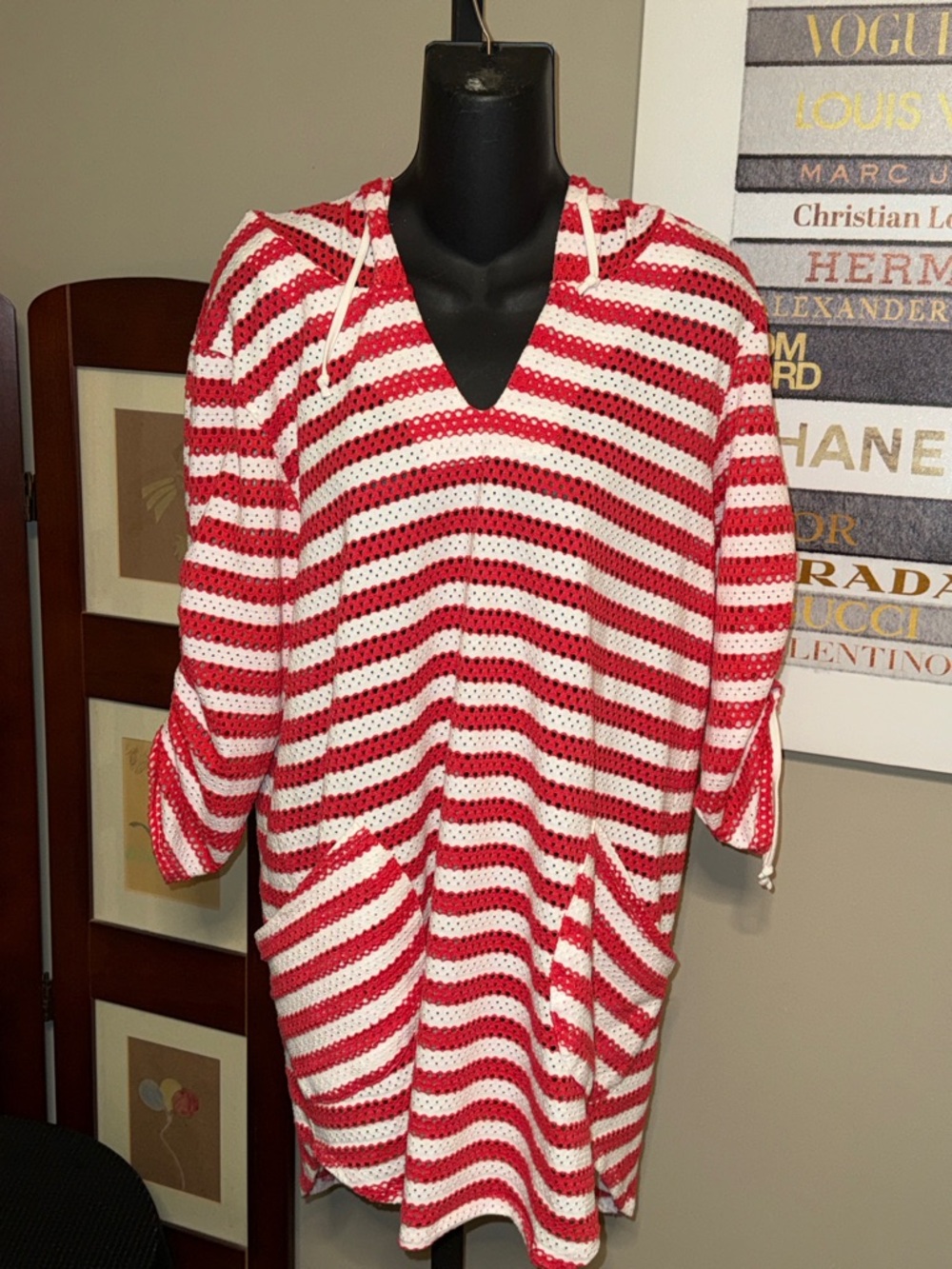 For Cynthia Red and White Striped hooded Crochet Swim Coverup